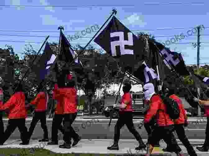 People Marching In A Nationalist Parade, Carrying Flags And Chanting Slogans. The Politics Of Our Time: Populism Nationalism Socialism